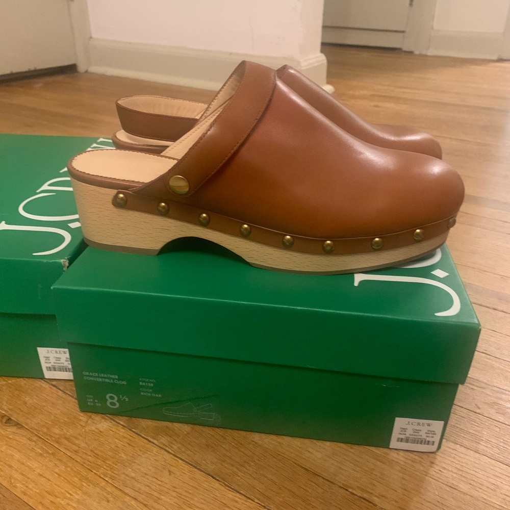 J.Crew Wood Bottom Convertible Clogs with genuine leather upper stud detailing